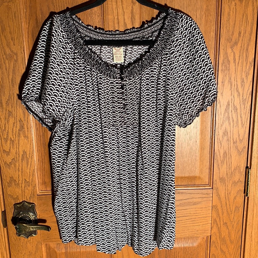 Smocking around neck with buttons down front breast section with pleating